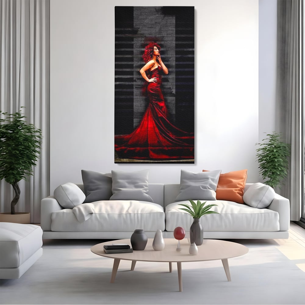 Tablou canvas cu tablou canvas cu femeie in rochie rosie, fara rama, pe sasiu de lemn, pe perete intr-un living